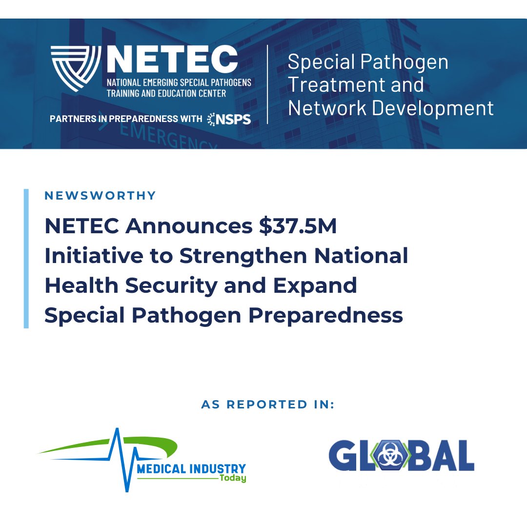 TheNETEC's tweet image. Grateful for coverage from @AHAhospitals, @CIDRAP-twitter, @medicallabmlo, and more, to help amplify our $37.5M initiative expanding special pathogen treatment readiness nationwide.
More: ow.ly/8RlY50XhCr5
#NETEC #NSPS #STANDAward