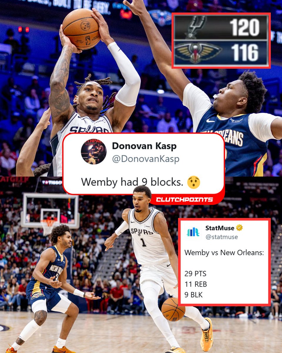 The Spurs handle business in overtime to get the win over the Pelicans 💪
Victor Wembanyama:
29 points
11 rebounds
9 blocks
13-of-23 FG