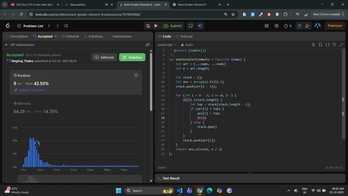meghraj_thakre1's tweet image. Day 45/100 – LeetCode: Next Greater Element II 🔁
This one tested my logic, especially with circular arrays 😅
Finally cracked it using stack 🔥
Thanks to Akshay Sir for the constant motivation 🙏
Step by step, getting better every day 💪
#100DaysOfCode #LeetCode #JavaScript