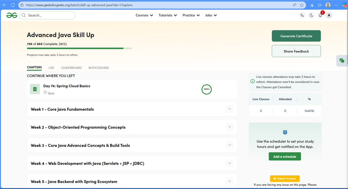 Ayushtiwari7819's tweet image. Day 74 Done ✅                      
Advance Java                     
#skillupwithgfg #nationskillup #100DaysOfCode #learninpublic #buildinpublicI #java #DSA @geeksforgeeks @sandeep_jain
Course  Link  - geeksforgeeks.org/batch/skill-up…