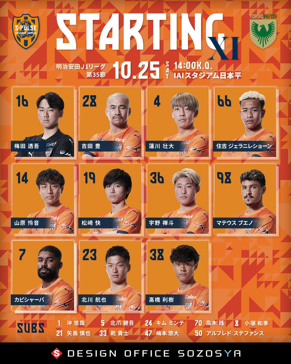 spulse_official's tweet image. 💁🏻‍デザインオフィス創造舎
◤#1025vs東京V 𝙎𝙏𝘼𝙍𝙏𝙄𝙉𝙂 𝙇𝙄𝙉𝙀𝙐𝙋◢
本日も熱いご声援よろしくお願いいたします💪💪
✅試合情報はこちら
s-pulse.co.jp/games/prompt_r…

#spulse #ONEFAMILY #Jリーグ #Jleague
#soccer #サッカー #Football 
#スタメン #startinglineup 
#デザインオフィス創造舎…