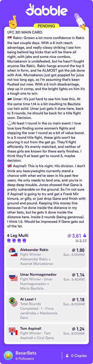 anjingbesar_'s tweet image. UFC 321 Main Card Card - Description attached. #ufc321 #dabble #ufcbetting #ufcpredictions #ufc
click.dabble.com.au/gnUM/lciy22h5