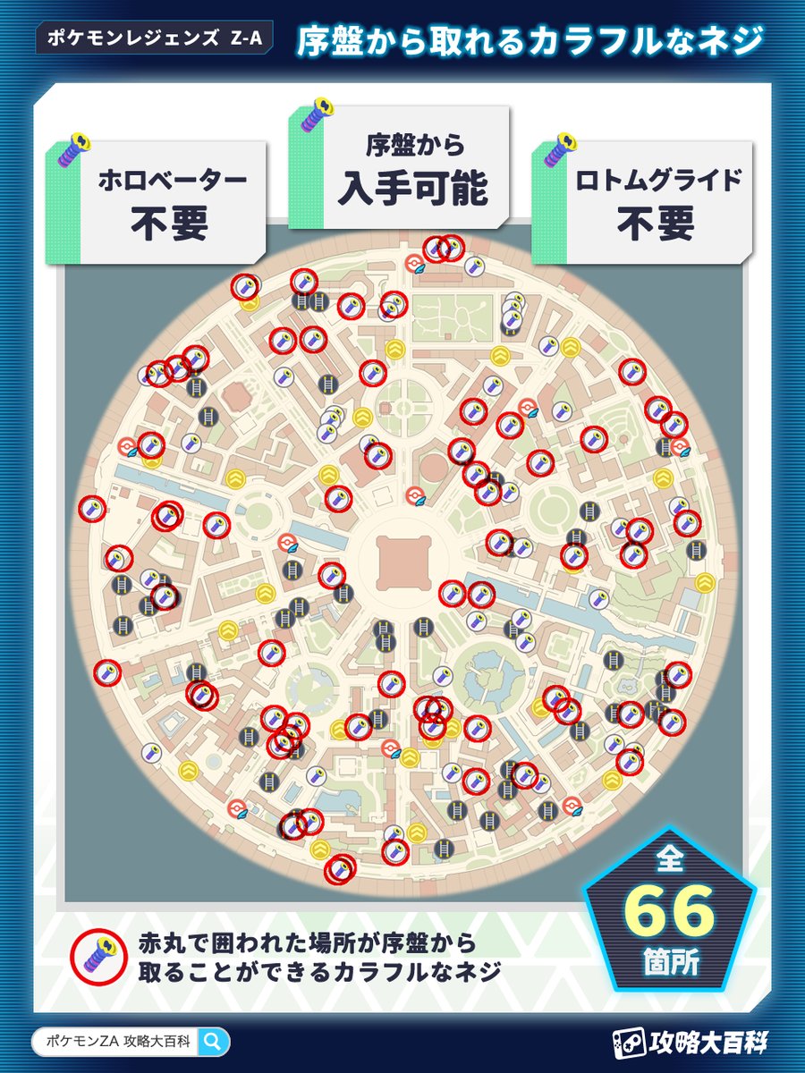 pokemonpedia's tweet image. 序盤から手に入るカラフルなネジマップ🗺️
#ポケモンZA #PokemonLegendsZA 
ロトムグライドもホロベーターもまだ解放してないけど、
カナリィぬいが欲しい!という人のために、
“行ける範囲だけ”を赤丸でまとめたマップを作りました📍
確認できたのは全66箇所✨…
