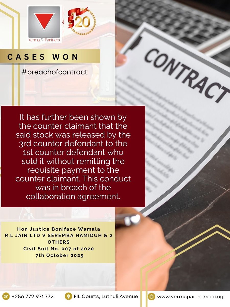 A third party who enters into a collaboration agreement and fails to fulfil their obligations under it can be held liable if their actions result in loss to the counterparty. 
#ugandalawfirm #breachofcontract #ugandalaw #contractagreement #kampala