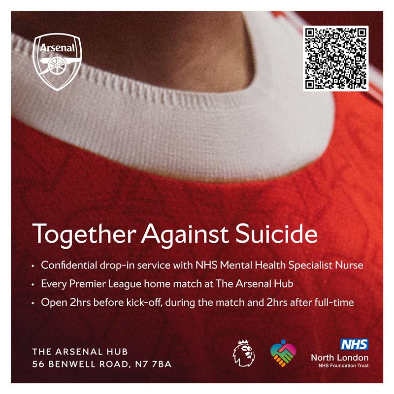 The Arsenal, Together Against Suicide

Supporters can still access our specialised suicide prevention drop-in service ahead of this afternoon's Premier League fixture against Crystal Palace 👉 arsn.al/ixyNa15