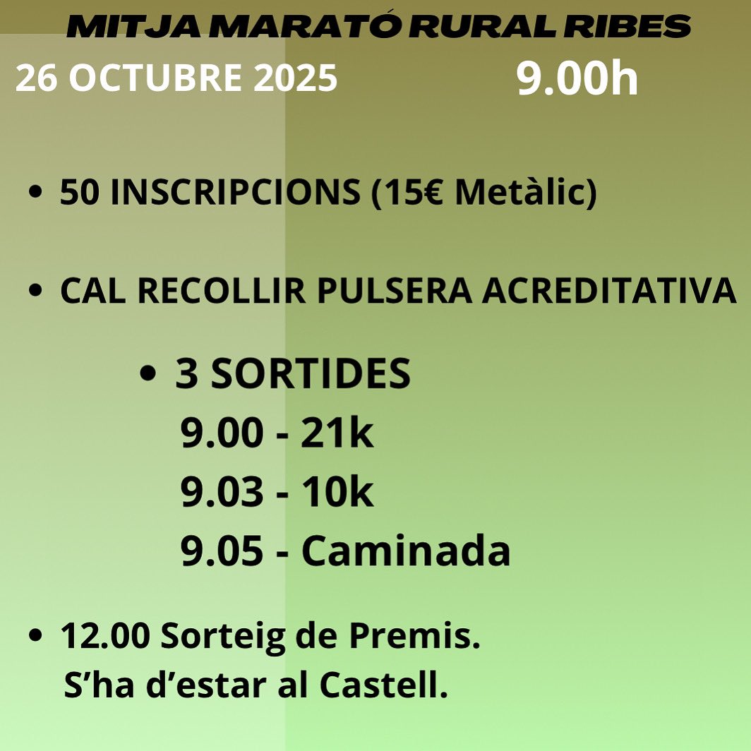 Demà Diumenge!
•50 Inscripcions a 15€ (només metàlic) fins 8.15.
•Cal recollir pulsera pels avituallaments i entrepà. (al mateix Castell).
•3 SORTIDES per evitar embussos al 1r tram.
•12.00h SORTEIG de Vals i Regals. S’ha d’estar al Castell.
#MMRRibes2025 #MMRRibes