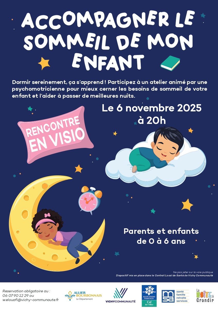 🛌 Atelier en visio : le sommeil des 0-6 ans
Avec une psychomotricienne, comprenez les besoins de votre enfant &amp; aidez-le à mieux dormir ✨
📆 Jeudi 6 novembre à 20h
💻 En visio
📲 Inscription gratuite 06 07 90 12 29