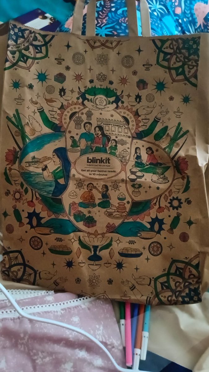Am ready to copyright the coloured version :) The 5yr old child in me is back....<a href="/letsblinkit/">Blinkit</a>  just coloured your bag with sketch pens....Got a new hobby lolll   Thanks Blinkit for the  lovely drawings 😍 
#Blinkit #Colors #kids #Diwali2025