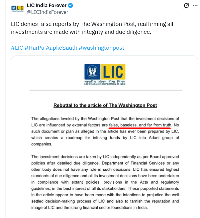 thehawkeyex's tweet photo. WaPo allegations are "false, baseless, and far from truth", says LIC.

LIC published this statement 80 minutes ago on X, and all it got 1,900 views and 52 likes.

The reality of narrative warfare, state-owned cos, and the govt is badly lagging here!