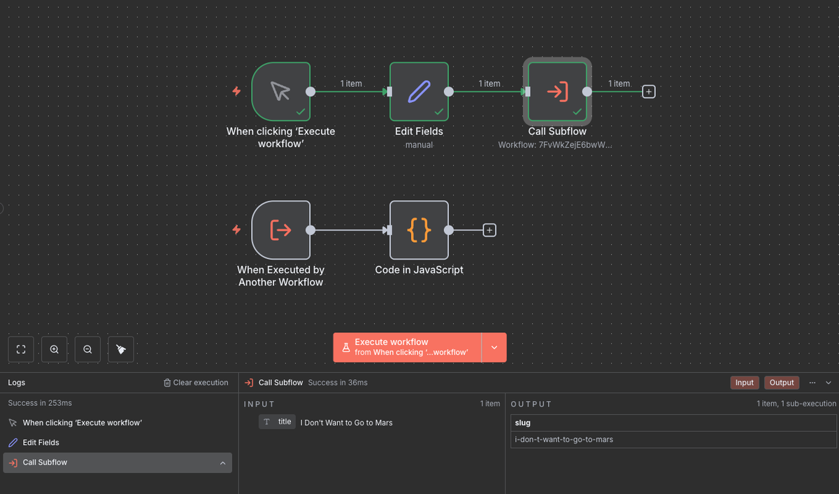 130db's tweet photo. Day 007

Today, you are challenged to call Subflow.

Build it and show that it works by posting a screenshot under this post.

If you solve the puzzle, you’ll learn Set, Execute Sub-workflow, Execute Sub-workflow Trigger, and Code nodes.

n8n: https://t.co/eXCh5K1kwO

#n8n #n8npuzzle
🪖