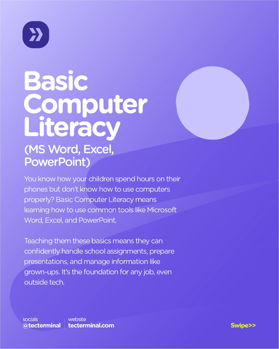Tecterminal's tweet image. 1️⃣ Basic Computer Literacy
   (MS Word, Excel, PowerPoint)
Kids are phone wizards, but can they format a document or make a presentation? 🤔
These basics are the foundation for schoolwork & almost ANY future job. Let's bridge that gap!
#DigitalSkills #ComputerBasics