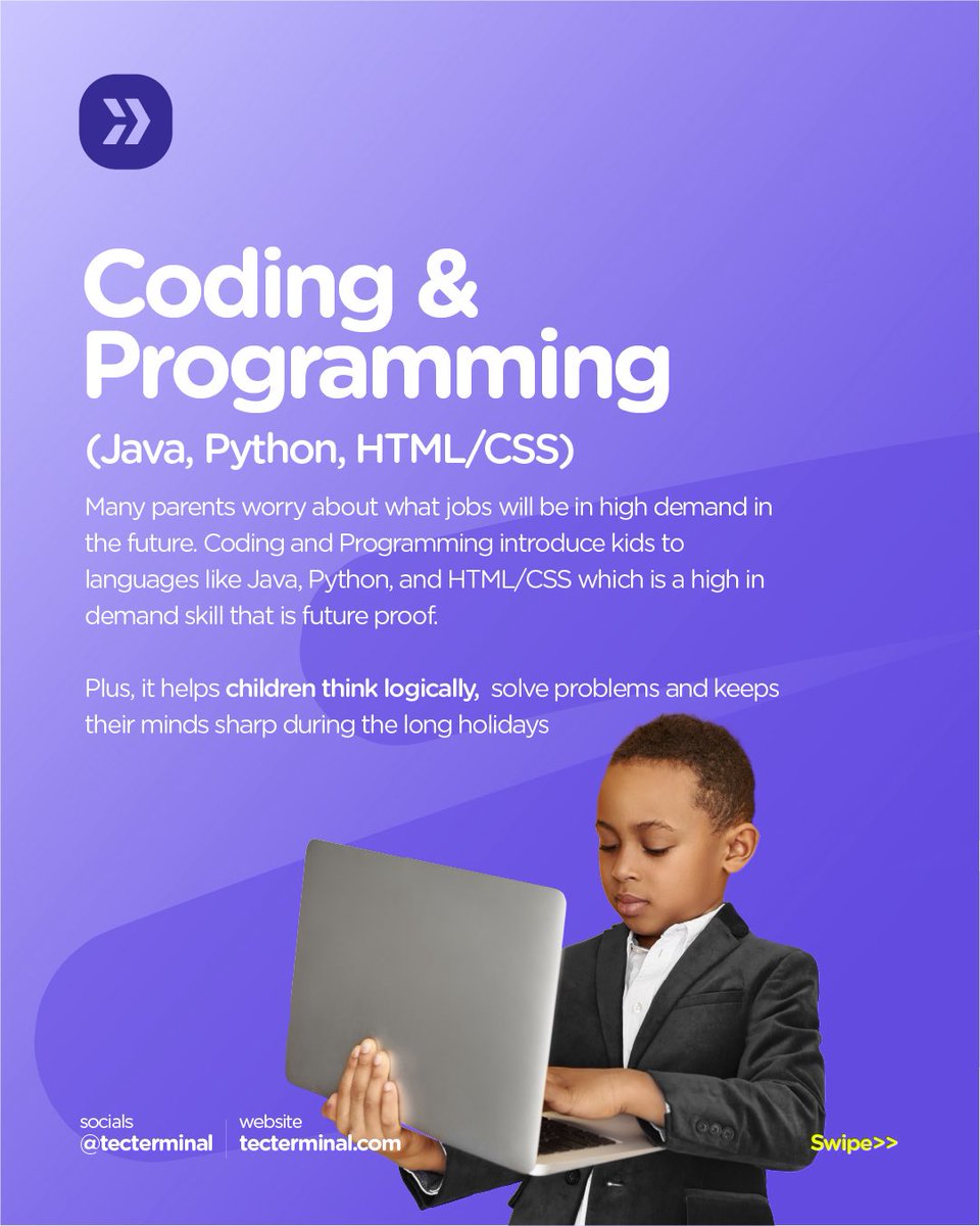 Tecterminal's tweet image. 2️⃣ Coding & Programming
   (Java, Python, HTML/CSS)
Worried about future-proof skills? This is it. 
Learning to code isn't just about becoming a developer. It's about building logical thinking, sharp problem-solving skills, and keeping their minds active.
#CodingForKids #STEM