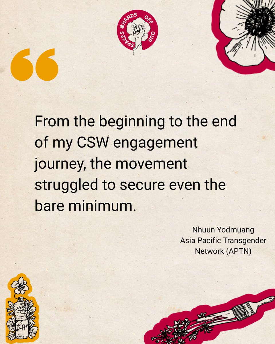 Oxfam's tweet image. LGBTQIA+ activists from Global South face barriers to inclusion &amp;amp; even erasure in multilateral spaces like #CSW. 

Nhuun Yodmuang from @WeAreAPTN shares a powerful journey through hope, resilience, &amp;amp; call for representation.

#HandsOffOurSpaces

Read: oxfam.org/en/blogs/csw-h…