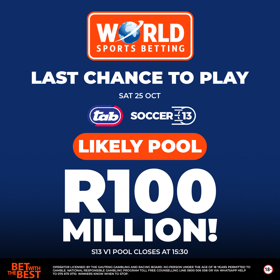 WorldSportsBet's tweet image. Last Chance to Play!

The BIGGEST Soccer 13 Pool EVER kicks off this Saturday, 25 October — with a massive R100 MILLION jackpot up for grabs!

Your shot at glory is just one ticket away. ⚽

Play Now: ow.ly/AJCr50XhQlo

#BetWithTheBest #Soccer13 #SuperDraw #WSB
