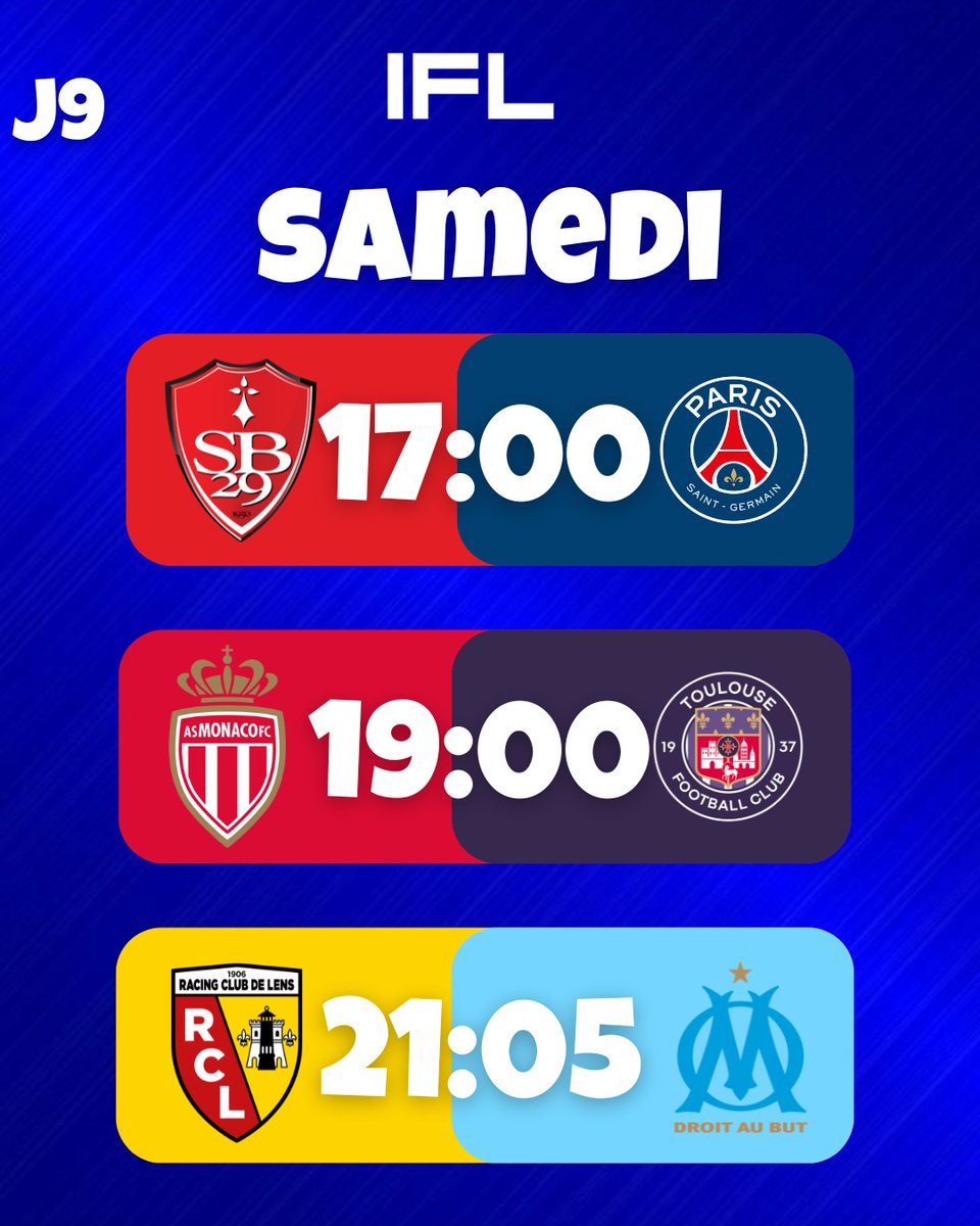 Infos__LIGUE1's tweet photo. GRANDE JOURNÉE DE FOOTBALL AUJOURD'HUI🥳
17:00 🔴Brest vs Psg🔵
19:00 🔴Monaco vs Toulouse🟣
21:05 🟡Lens vs Marseille⚪️
#SBPSG #ASMTFC #RCLOM #ligue1mcdonalds https://t.co/RXIH49r9AR