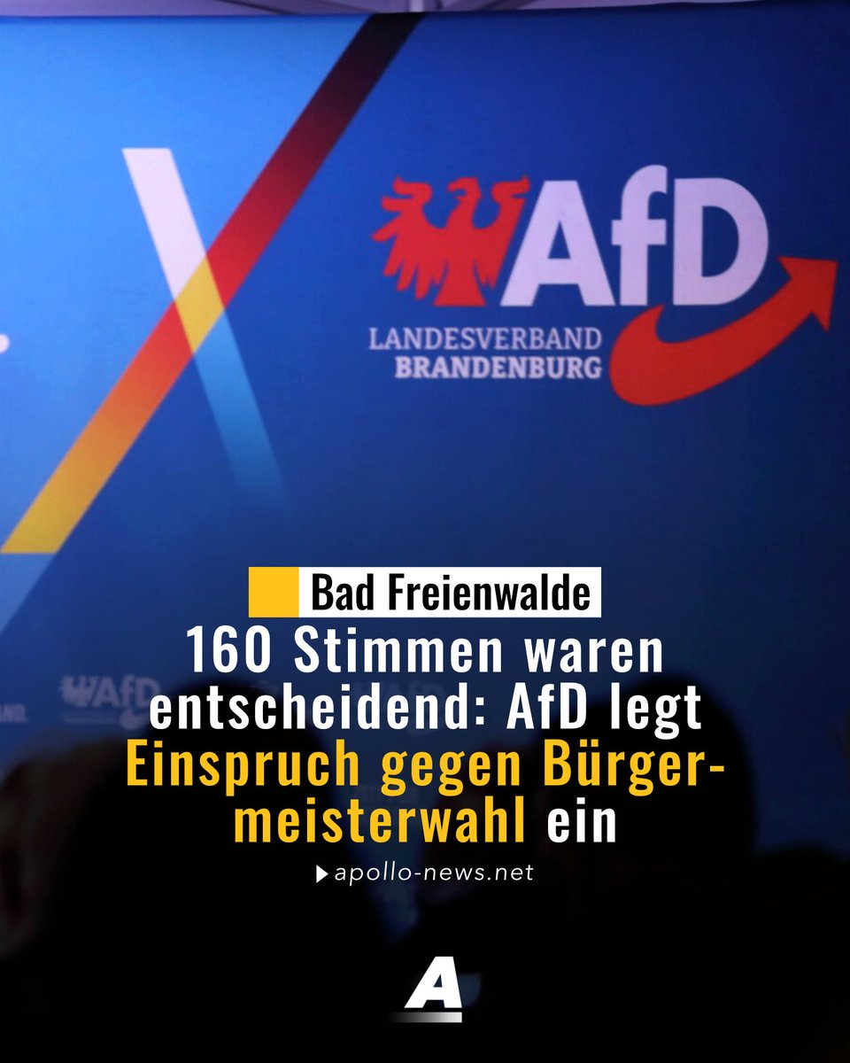 Die AfD legt in Bad Freienwalde Einspruch gegen die verlorene Bürgermeisterwahl ein. 160 Stimmen waren entscheidend, die AfD fordert eine Überprüfung. Die Stadt hatte 401 Briefwahlunterlagen doppelt verschickt, aber noch vor der Wahl für ungültig erklärt. apollo-news.net/160-stimmen-wa…