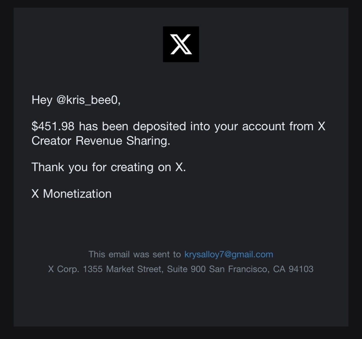 kris_bee0's tweet image. Glitch Fixed, 𝕏 Creators payment just rolled in 💰

No better feeling than getting paid for what you do naturally 

Thank you 𝕏!!!
