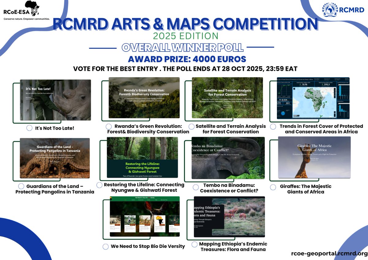 Here are your finalists!

Vote for your favorite entry in the RCMRD Arts &amp; Maps Competition 2025 Edition and help us crown the Overall Winner

Award Prize: 4000 Euros
Voting closes on 28 October 2025 at 23:59 EAT

Explore the creativity, innovation, and passion behind each