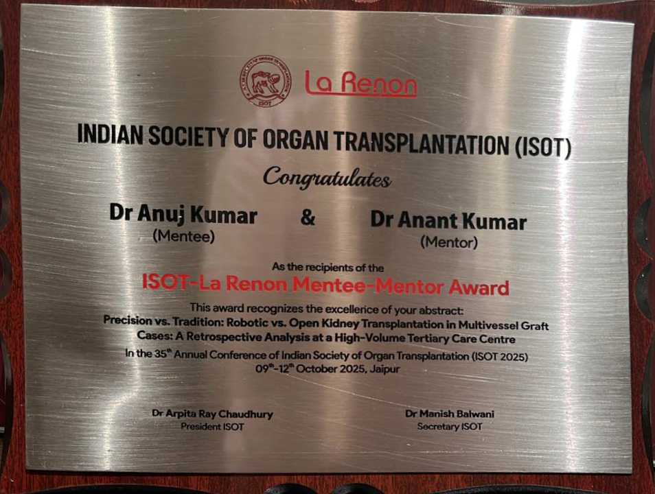 🏆 Honoured to receive the ISOT–La Renon Mentee–Mentor Award 🏆
Truly humbled to be recognized by the Indian Society of Organ Transplantation (ISOT) along with my mentee Dr. Anuj Kumar for our work...