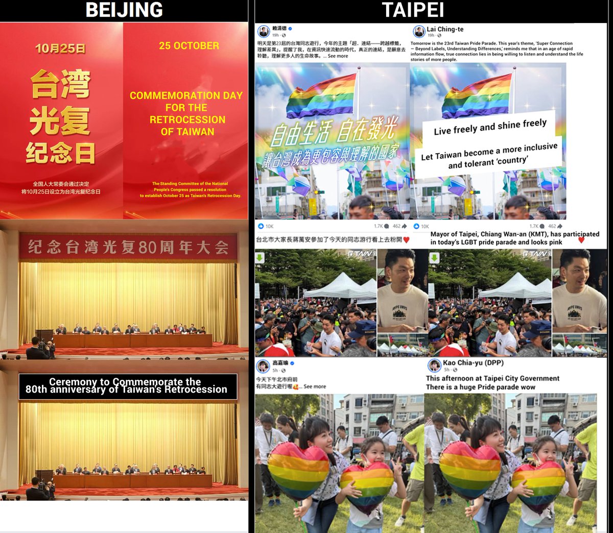 TG_R_TM's tweet photo. 25 October is the 80th Anniversary of the Retrocession of Taiwan back to China and its liberation from Japan. 

Beijing issued a statement designating it as a commemoration day for the rest of mainland China. 

Taipei (DPP and KMT) is doing 'LGBT' 'Pride' parades. https://t.co/of88x9GtNB