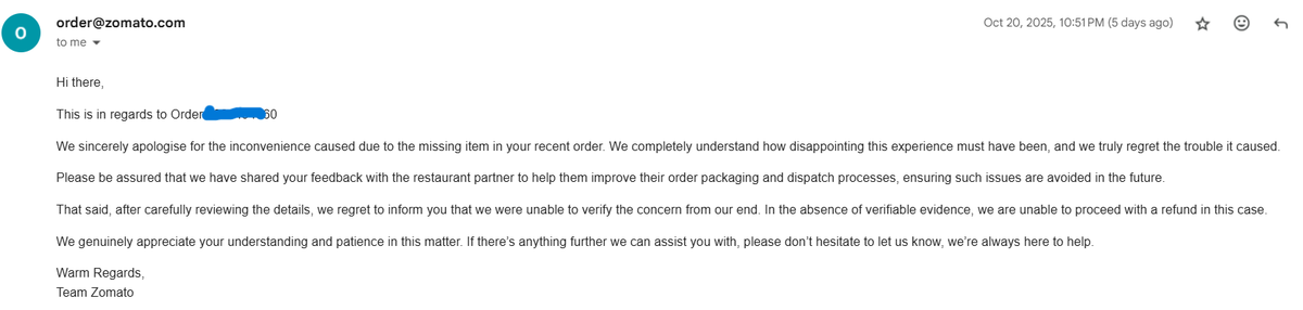 Rachit_66's tweet photo. Ordered from Wow! China via Zomato — got 2 items instead of 4. Sent proof pics, yet Zomato says “not enough evidence.” Then they said restaurant unreachable, then “final decision: denied.” Pathetic service. Half my order gone, no refund. Shady as hell.
@zomatocare @deepigoyal https://t.co/tig9wcIHHS