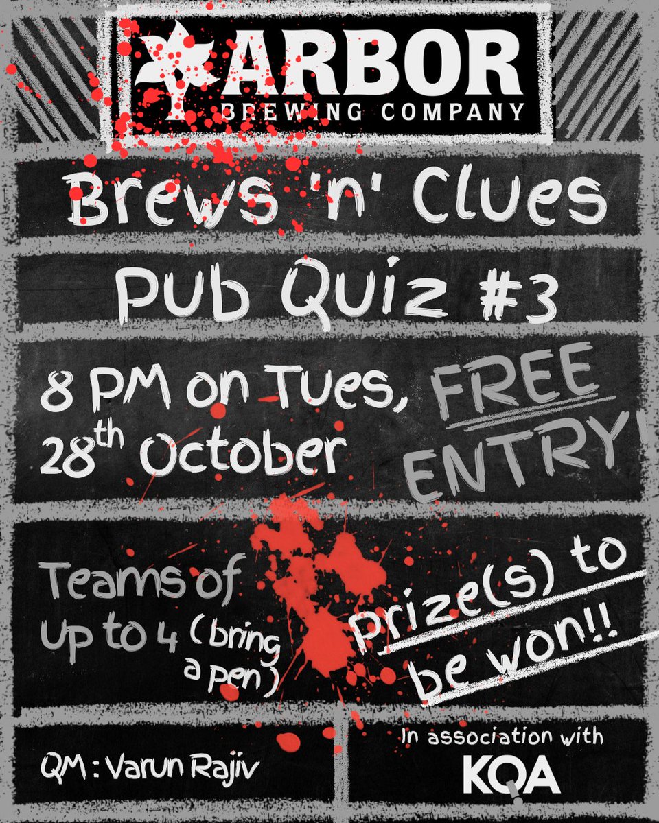 kqaquizzes's tweet photo. Halloween special pub quiz on Tuesday by @antickpix that functionally means a general quiz: horrors can be found in pretty much every walk of life.

Free entry. Walk-in registrations ok, but reserve a table by calling Nishaan at 7003373513 to be assured of seating. https://t.co/V8fdVPTMjB