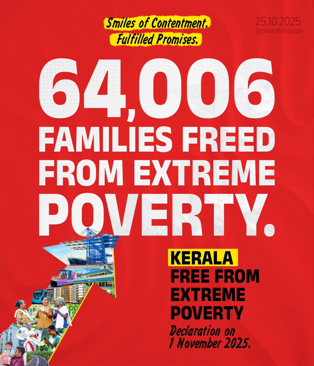 pinarayivijayan's tweet image. On this Kerala Piravi, #Kerala will be declared as the first state in India without extreme poverty. This fulfills the very first decision the GoK made in 2021. Instead of a one-size-fits-all policy, the govt identified 64,006 vulnerable families and created specific micro-plans…