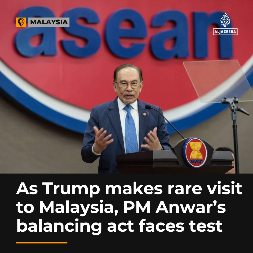 US President Donald Trump’s visit to Malaysia exemplifies the delicate balancing act that PM Anwar Ibrahim’s government has sought to maintain, as the country navigates the headwinds of the intensifying US-China rivalry aje.io/hua5hi