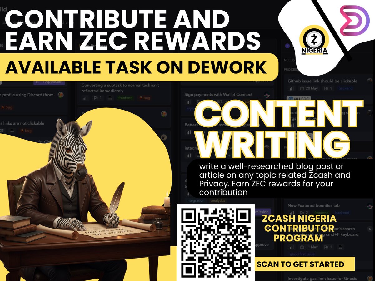 ZcashNigeria (@zcashnigeria) on Twitter photo 🎉🎉Bounty Alert!🎉🎉
Zcash Nigeria has an open Dework bounty for talented writers! 📝
Join the Zcash Nigeria Contributor Program, write insightful and well-researched content about <a href="/Zcash/">Zcash 🛡️</a>, and earn $ZEC rewards for your contributions. 💰
It’s your chance to educate, create 🎉🎉Bounty Alert!🎉🎉
Zcash Nigeria has an open Dework bounty for talented writers! 📝
Join the Zcash Nigeria Contributor Program, write insightful and well-researched content about <a href="/Zcash/">Zcash 🛡️</a>, and earn $ZEC rewards for your contributions. 💰
It’s your chance to educate, create