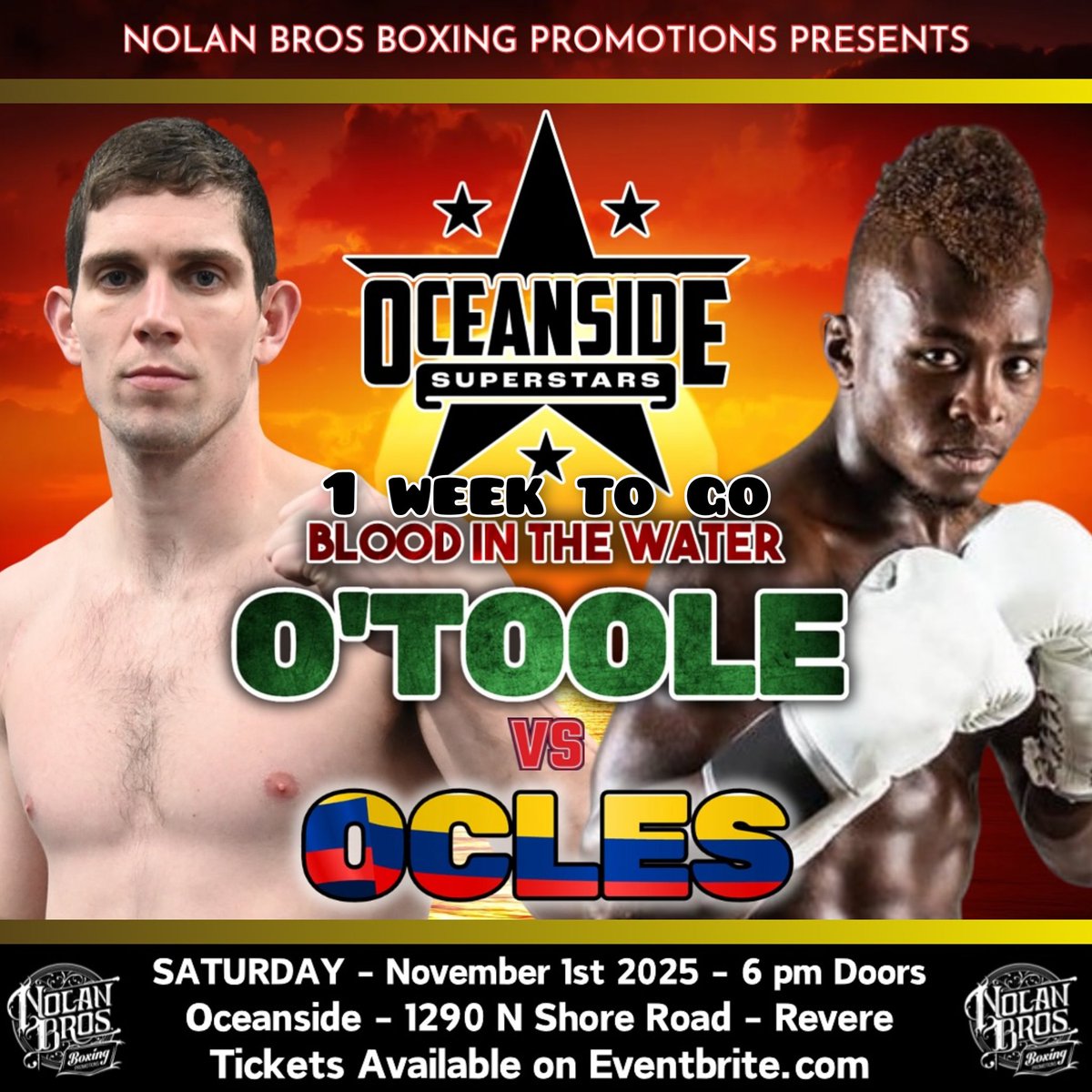 1 WEEK TO GO

Thomas O'Toole headlines the Nolan Bros card at Oceanside in Revere, Massachusetts 

O'Toole (14-0) takes on Ismael Ocles (17-17-2) over 10 rounds in a Super Middleweight contest