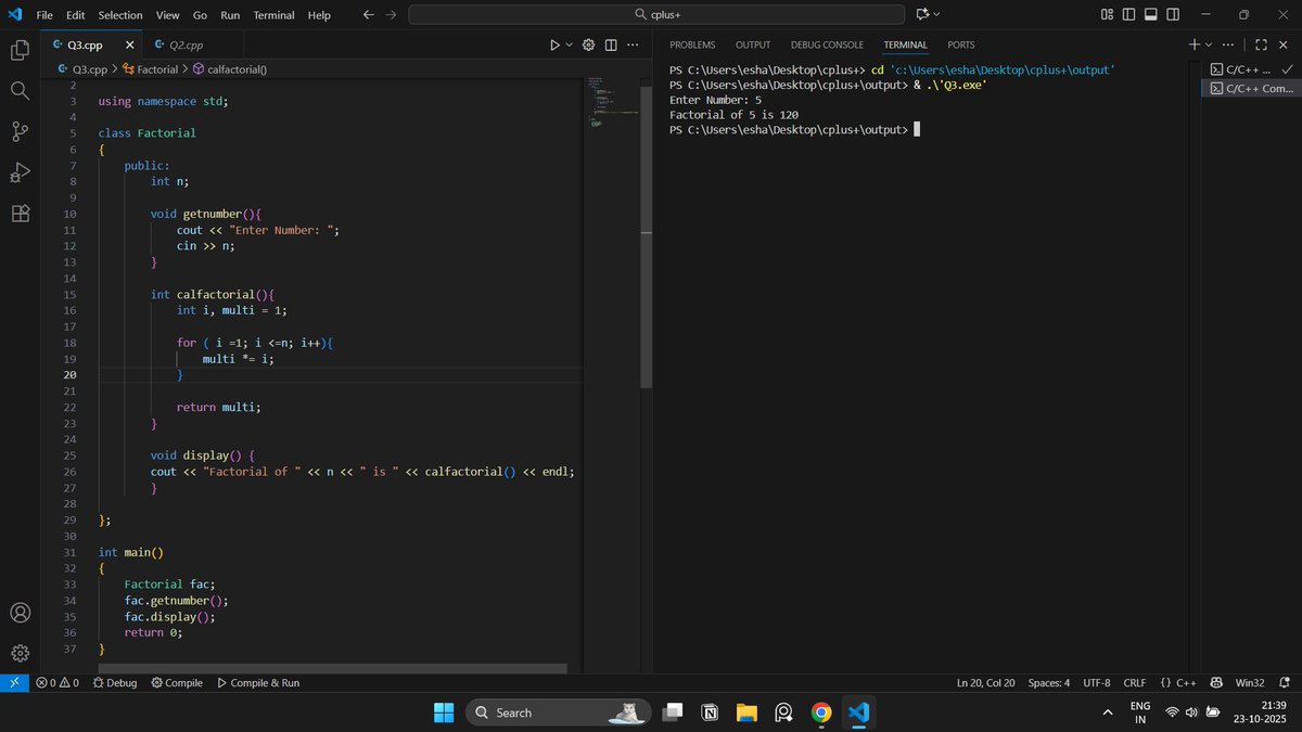 aryansonie's tweet image. Day 19: C++ program to find the factorial of a number using a class.
#100DaysOfCode #Cplusplus