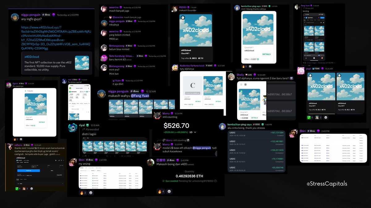 Ez Make money on X402 Ecosystem

<a href="/StressCapitals/">Stress Capital</a> Cooking 🧑‍🍳

- Token X420 Dogs $10/Mint (x3)
- Token Boing 
- Cloud NFT Mint $6.9 Floor $72 (x10) 

HOW TO GET MAKE MONEY? MUTE DRAMA

MORE RESEARCH MORE TRACKER 

Thanks for call <a href="/b19mactrash/">captnemo</a> <a href="/langs_id/">ʟᴀɴɢꜱ ɪᴅ</a> <a href="/Cavarella9/">0xrend</a>