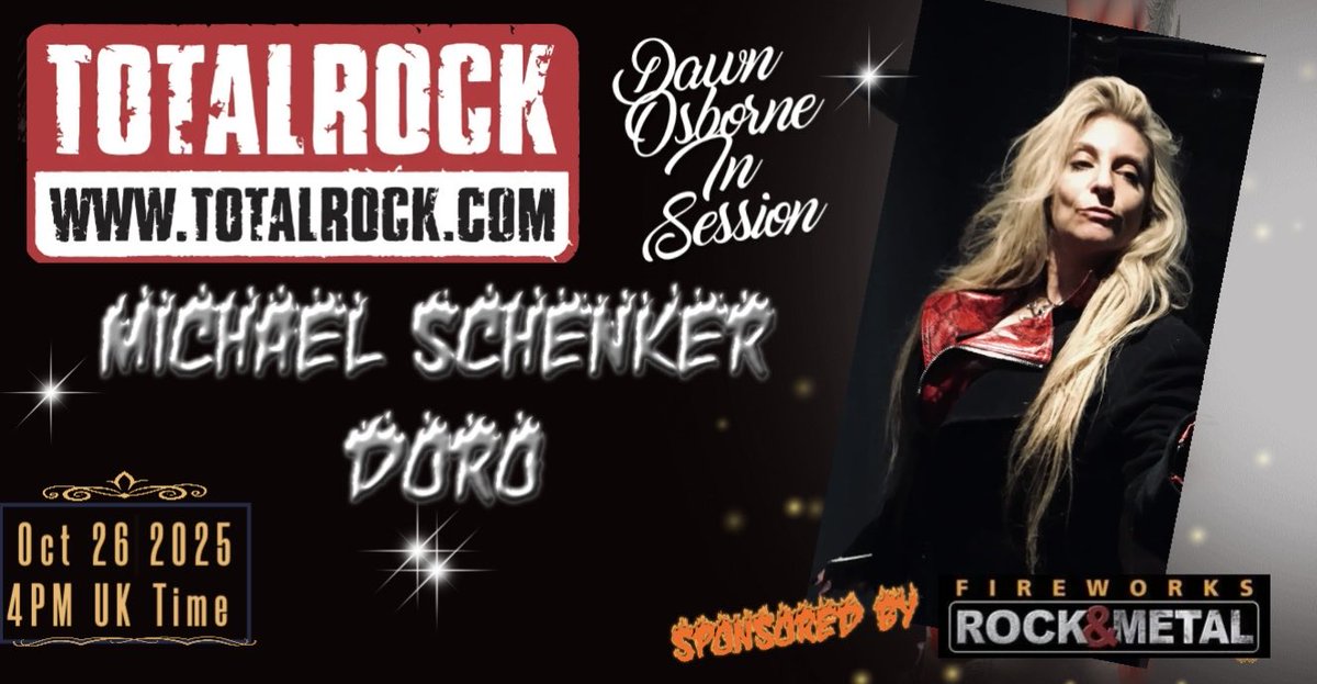 DawnOsbornerox's tweet photo. Next Dawn Osborne In Session will be Michael Schenker on ‘Don’t Sell Your Soul’ and DORO ‘Warriors Of The Sea’ Sunday October 26, 2025 4pm UK time only on TotalRock sponsored by #FireworksMagazine #michaelschenker #doro #dontsellyoursoul #warriorsofthesea #totalrock https://t.co/THoxQvvAt7