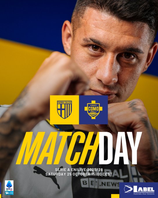 Close-up of a male soccer player with short hair and focused expression wearing a yellow and blue athletic shirt looking directly at the viewer with visible tattoos on his right arm. Two team crests are displayed below his face one for Parma with yellow and blue stripes and one for Como with blue and black elements. Large bold text reads MATCH DAYAY in yellow and blue. Below it states Saturday Serie A Live 2526 October 1610 CEST. Sponsor logos including Puma and others are at the bottom.