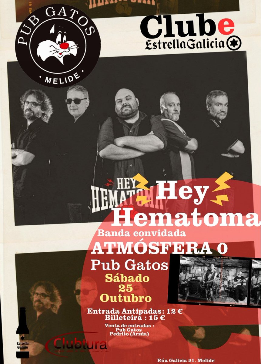 Festón asegurado en #Melide
O mítico <a href="/PubGatos/">Pub Gatos</a> recibe a @heyhematoma_oficial con MIGUEL COSTAS na voz e na guitarra recuperando os temazos que fixeron famosos a SINIESTRO TOTAL.
Caldearán o ambiente ATMÓSFERA 0
Patrocina <a href="/estrellagalicia/">Estrella Galicia</a> 
<a href="/clubturagalicia/">Clubtura</a> 
<a href="/gal_concierto/">GALICIAenCONCIERTO</a> 
#Melide