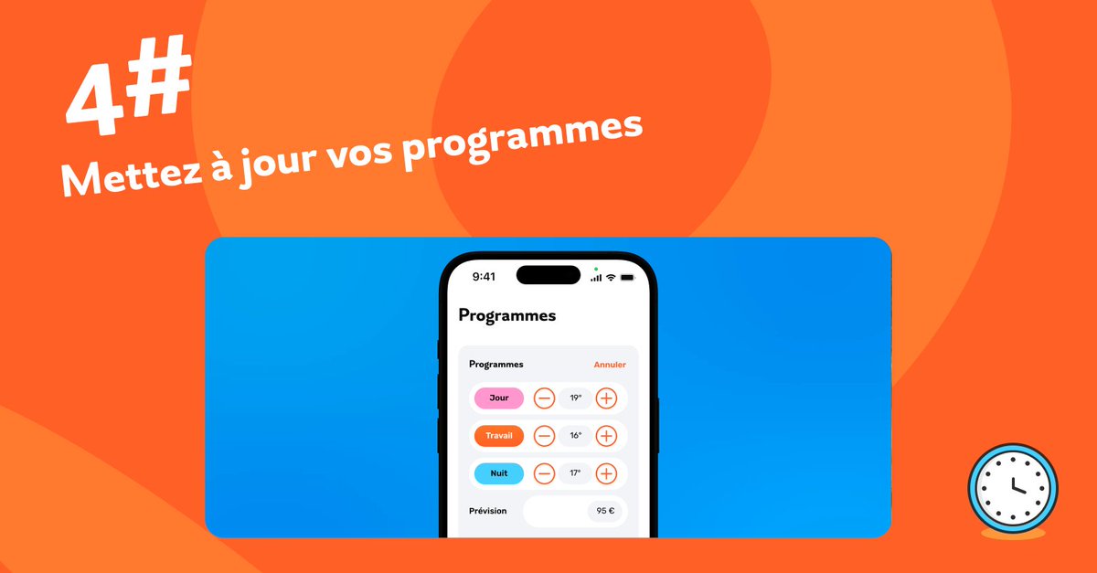 Sowee_Officiel's tweet image. 4️⃣ Mettez à jour votre programme de chauffe 👇
La saison change, vos habitudes aussi ! Vérifiez vos températures et plages horaires sur l'appli Sowee by EDF. 
Ajustez-les si besoin 😉
#Programmation #ChauffageIntelligent