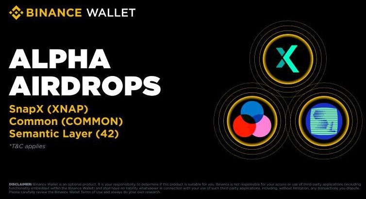 #BinanceAlpha will be the first platform to feature

• SnapX ( $XNAP ) Airdrop on October 27
• Common ( $COMMON ) Airdrop on October 27
• Semantic Layer ( $42 ) Airdrop on October 27

#BinanceWallet #Airdrops