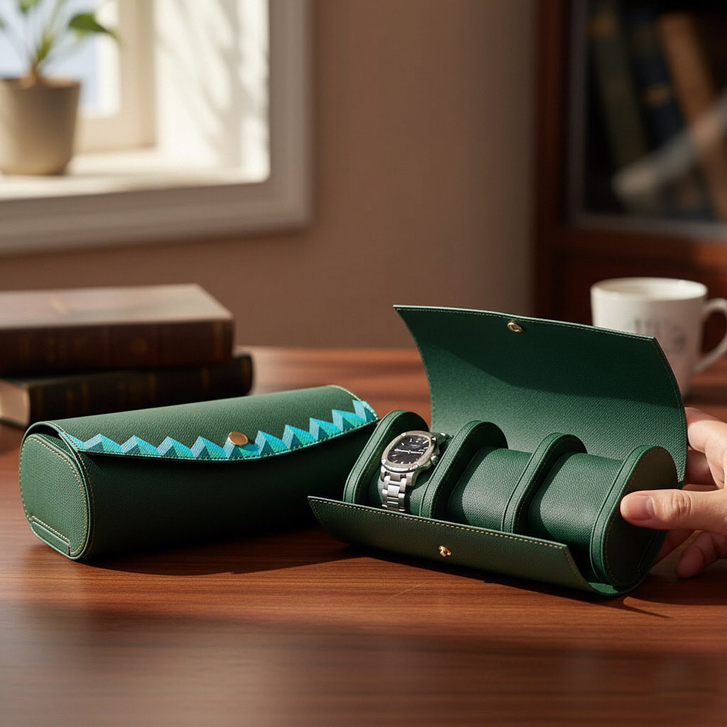 SilsalDH's tweet image. Need a bold and stylish gift for your husband? 
How about you get him this expressive watch box that shows love and luxury.💚⏱️
هل تبحثين عن هدية جريئة وأنيقة لزوجكِ؟ 
ما رأيكِ بإهدائه علبة الساعة هذه المميزة تعكس الحب والفخامة؟💚⏱️

#leathergifts #watchbox #leather #watches