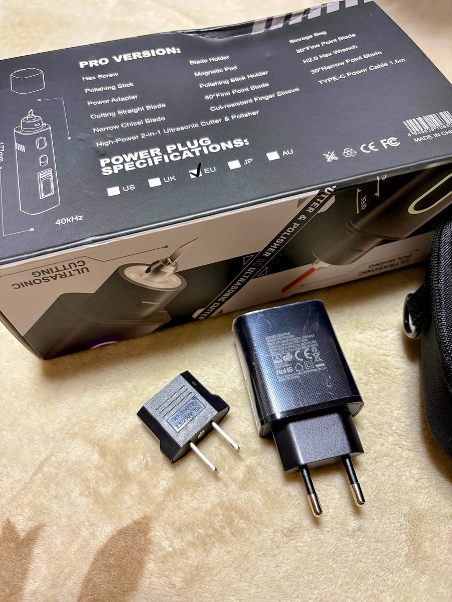 naowara's tweet photo. アリエクで超音波カッター（JM-Y10 Pro）を1万円以下で購入！これまで高価で手が出なかったけど遂に入手＆性能も満足。「Japan Plug」注文したのにEU Plug＋変換プラグがしれっと届いた😇セラーに8ドル返金交渉→即対応💸同じ人は交渉すべし！#AliExpress #一部返金成功 https://t.co/3c4ZjOGl2Z