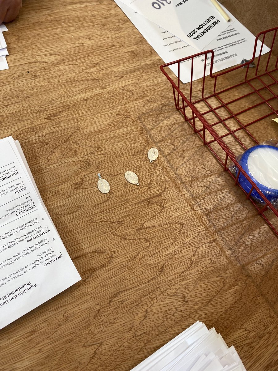 3 miraculous medals in a ballot box from Galbally, County Limerick.
According to a FG tally, there were also 114 votes for Catherine Connolly, 76 for Heather Humphreys, 28 for Jim Gavin, and 30 spoilt votes.