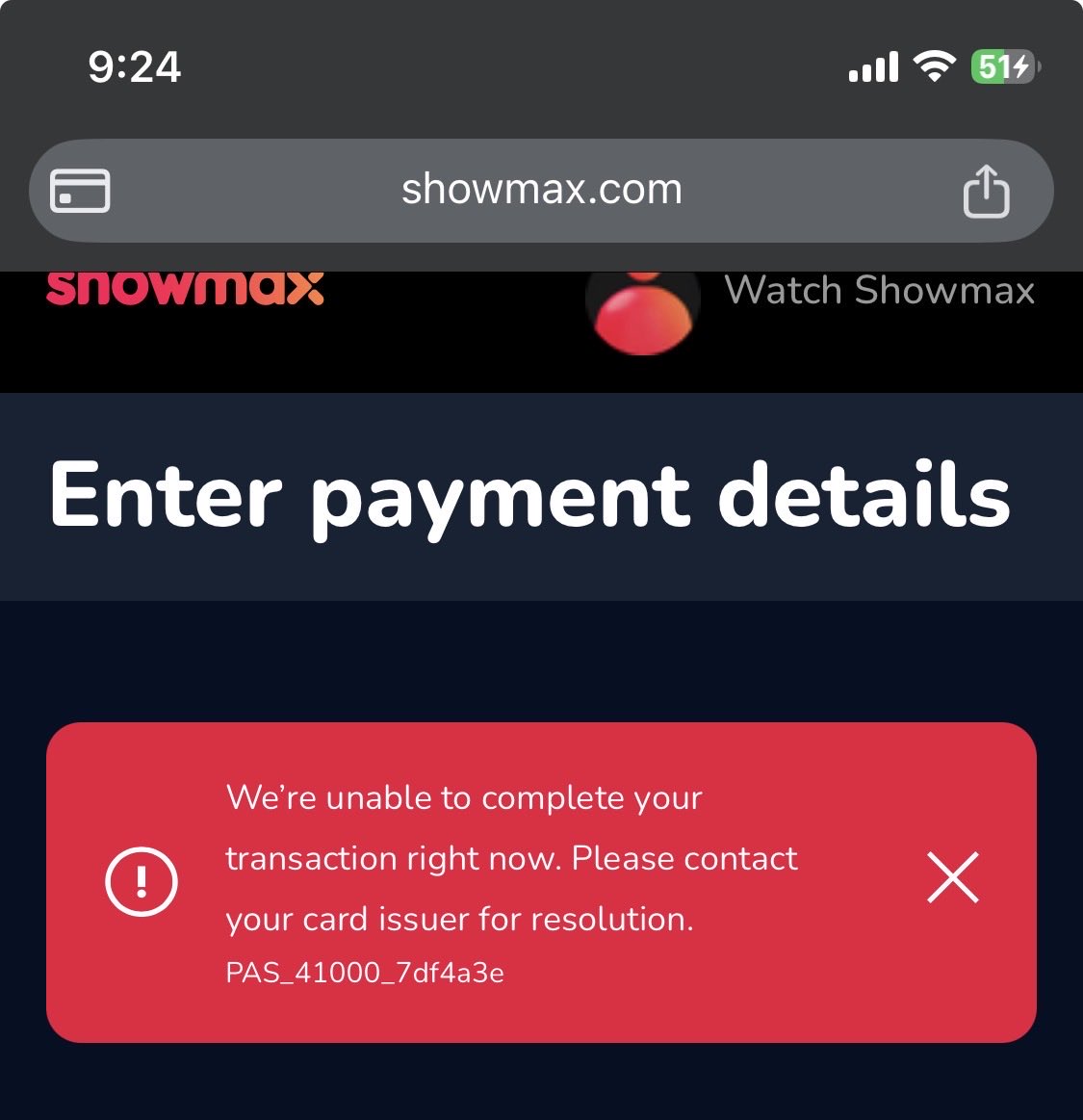 deybaryour's tweet photo. @ShowmaxNG I’ve been trying to make payment since yesterday, this is the error I’ve been getting https://t.co/wK4vrsE4eu