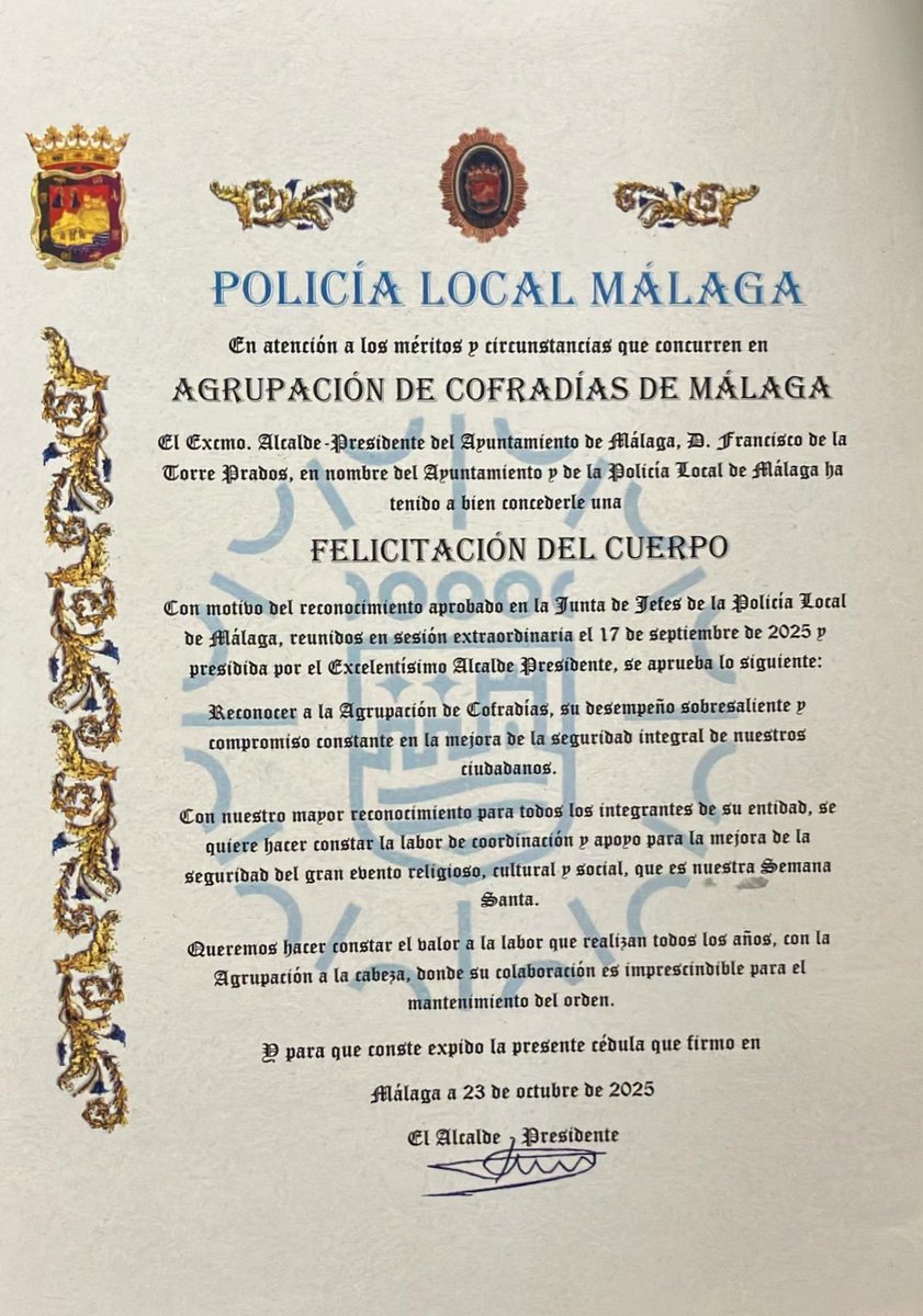 La Policía Local de Málaga reconoce a la Agrupación de Cofradías en la festividad de su Patrón. #CofradíasMLG agrupaciondecofradias.com/la-policia-loc…