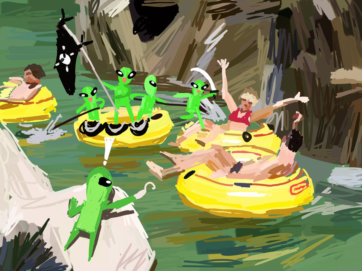 iniemohk's tweet image. Little green aliens become pirate kings of the local swimming pool lazy river and starts ambushing random swimmers