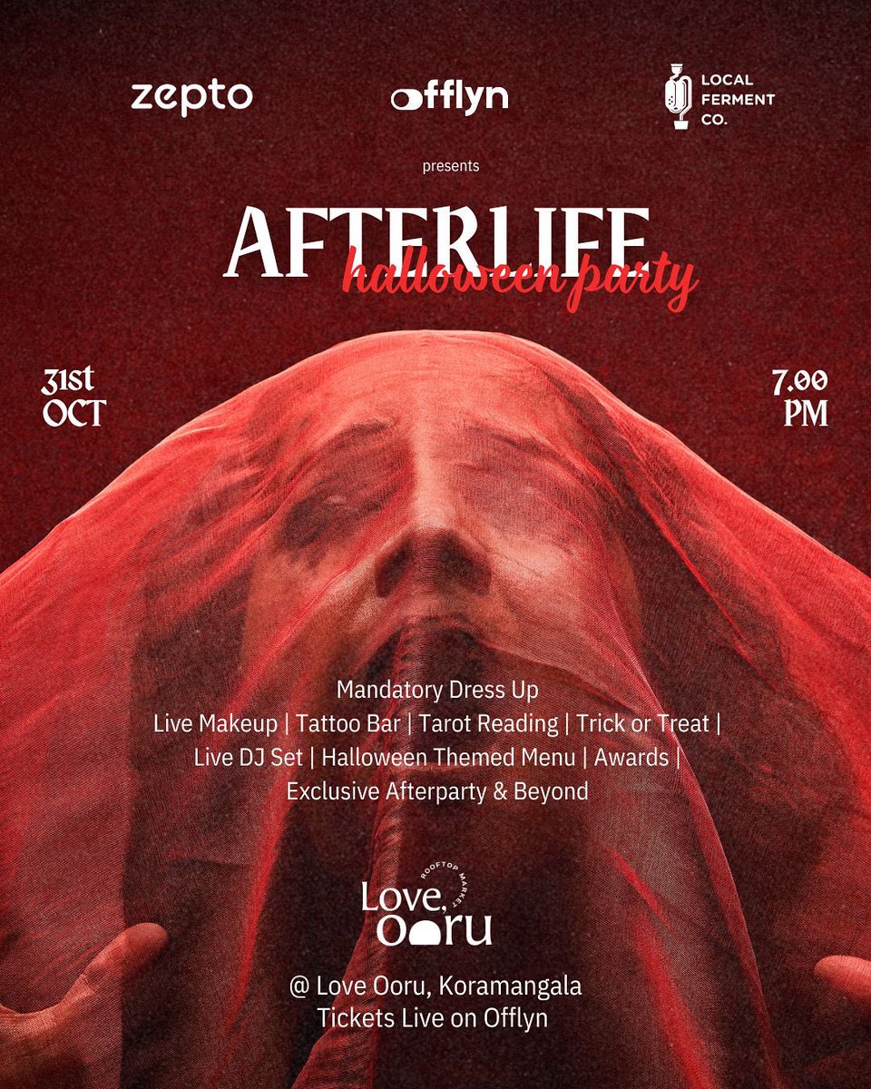 speakingofarpit's tweet image. introducing Offlyn Afterlife in collaboration with Zepto and Local Ferment Co.

Welcome to Afterlife.(Tickets👇🏻in comments)

Step into a world of Live Makeup(On the house!), Tattoo Bars, Tarot Readings, Trick-or-Treat corners, haunting beats, and a Halloween-themed menu that’s…