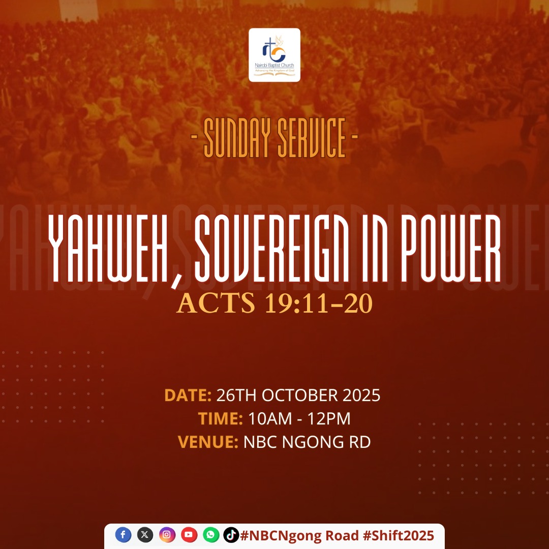 Join us tomorrow for our Sunday Services as we delve into the Topic ;'Yahweh,Sovereign in power'' as we praise and worship together 

⏰ 8.00 Menorah and 10.00 am Family Service 

📍NBC Ngong Road 

Come and experience a time of reflection, prayer, and hope.