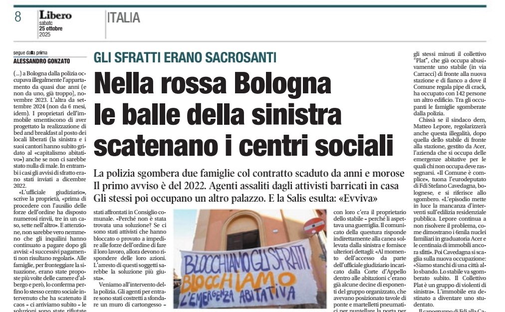 La verità sugli sgomberi di Bologna, che non c'entrano nulla col "capitalismo abitativo" di Gramellini ma c'entrano perfettamente con la dottrina Salis.
-Avvisi di sfratto inviati a entrambe le famiglie a dicembre '22
-Una famiglia occupava illegalmente da due anni (nov. '23);