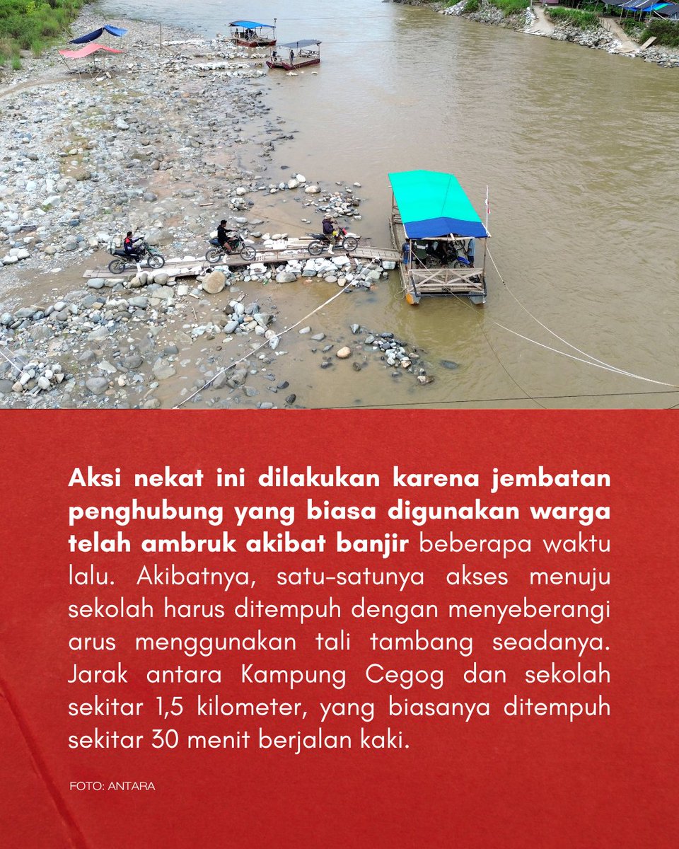 Beritasatu's tweet image. Video berdurasi 37 detik ini memperlihatkan perjuangan siswa SD dan SMP di Kampung Cegog, Pandeglang, yang menyeberangi sungai tanpa jembatan. Warga dan guru ikut membantu agar anak-anak bisa sampai ke sekolah dengan selamat.

#Pandeglang #Siswa #SebrangiJembatan #BeritaSatu