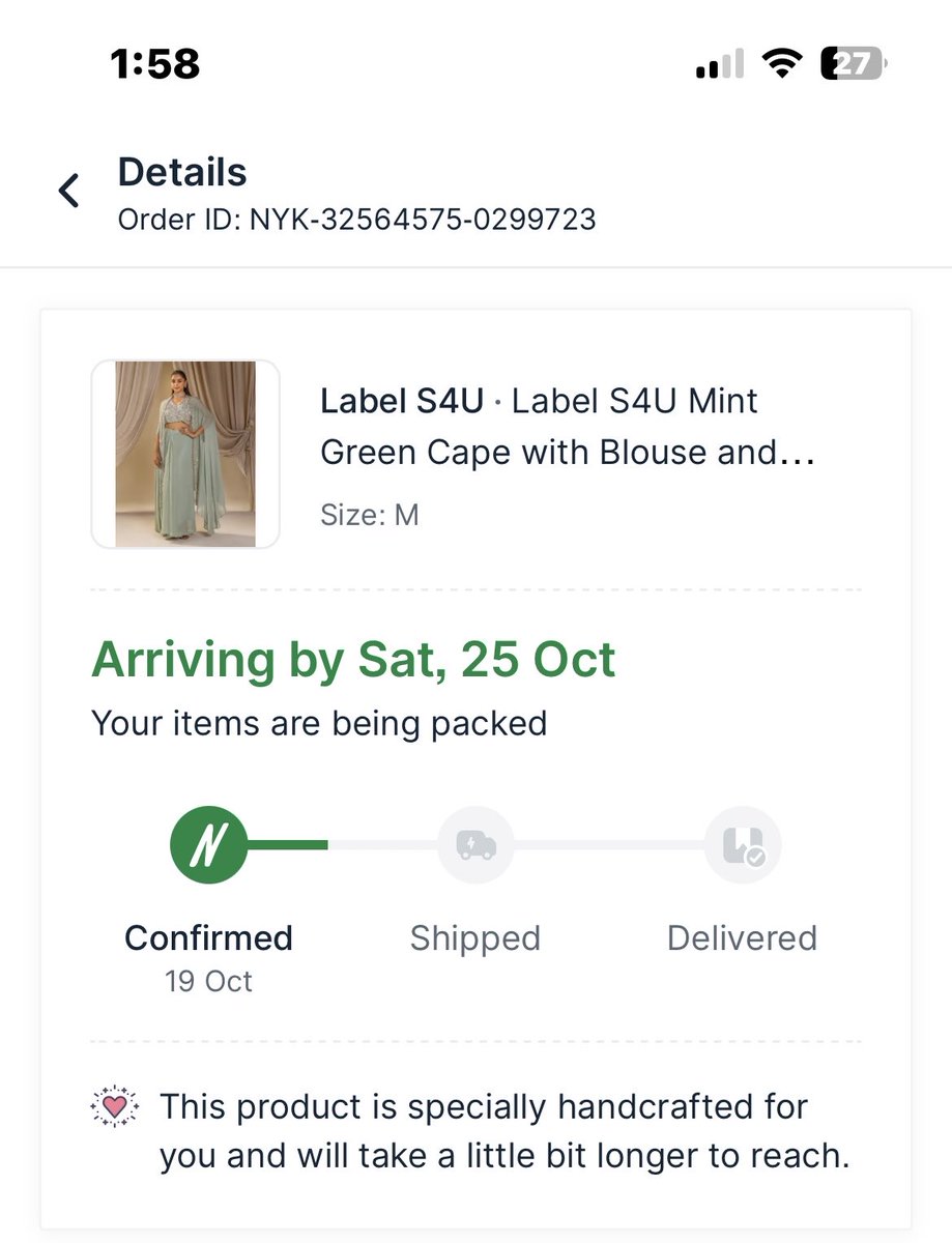 vidhidang20's tweet photo. Disappointed @nykaafashion ! I placed my order expected on 25th, but it hasn’t even been shipped. Even 3 days after Diwali holidays ended, the status still says “arriving on 25th”. Misleading customers like this is highly unprofessional. https://t.co/r2HRS0bARg