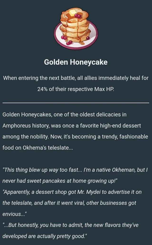Amphoreus influencer of Golden Honeycakes.

The someone that took one look at Mydei, and thinks, "Yes! He did be PERFECT for promoting Honeycakes" sure has guts. I wanna how they came up with the guts to approach Mydei with that proposal for Mydei to agree!🤣 