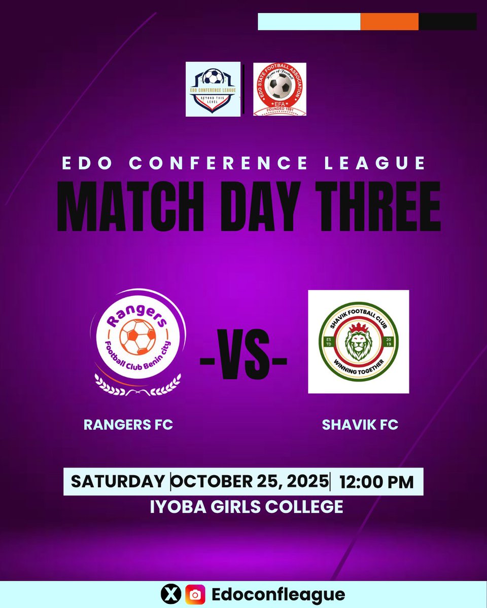Edoconfleague's tweet photo. Matchday 3 kicks off today at 12 Noon! 😍
#edoconferenceleague #edoconfleague #edofootball #EdoState #patlama #เขมจิราต้องรอดseries #LoveYourW #FarrhanaBhatt #saturdaymorning https://t.co/NQ4fIbf9hV